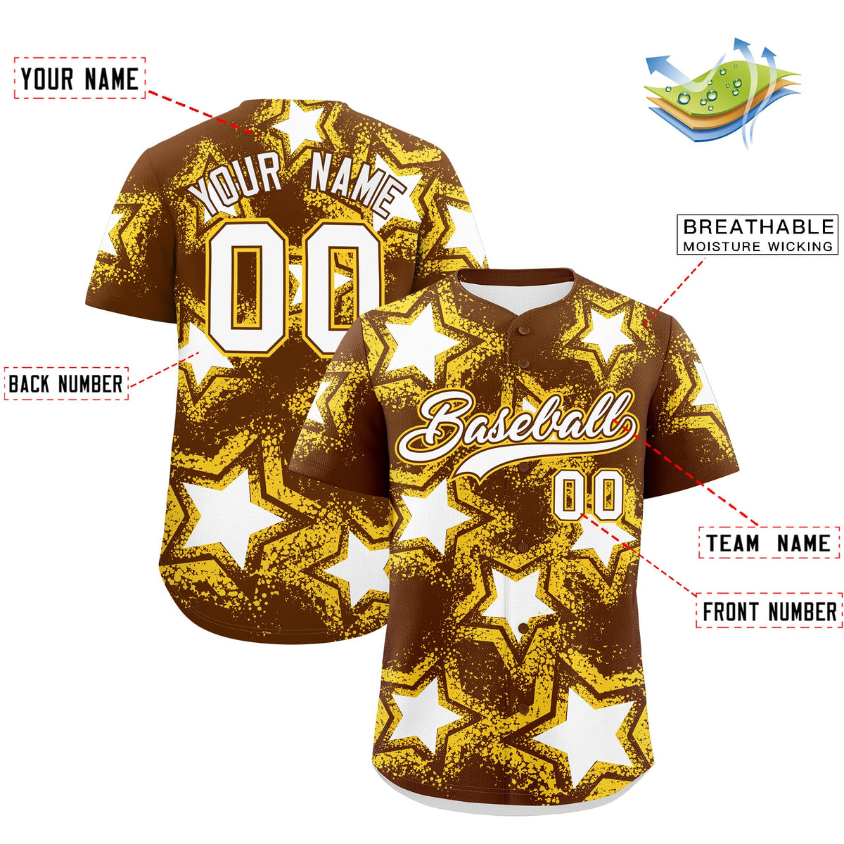 Custom Brown Gold White Star Graffiti Team Baseball Jerseys With Custom Names, Numbers &amp; Logos Stretch Fabric Baseball Jersey| KXKSHOP