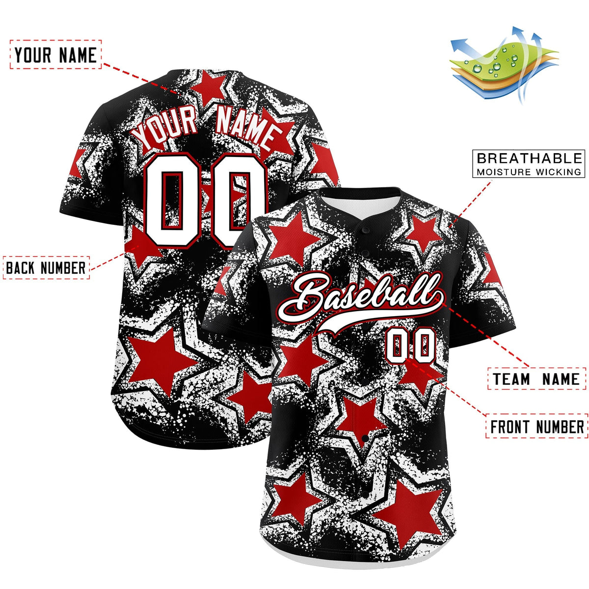 Custom Black White Red Star Graffiti Team Baseball Jerseys With Custom Names, Numbers &amp; Logos Lightweight Baseball Jersey| KXKSHOP