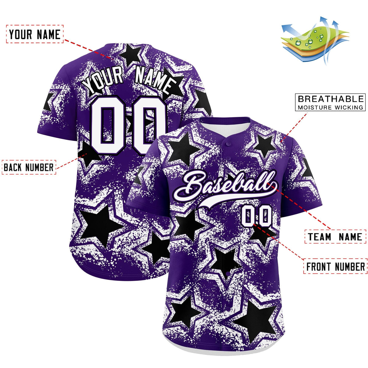 Custom Purple White Black Star Graffiti Team Baseball Jerseys With Custom Names, Numbers &amp; Logos Lightweight Baseball Jersey| KXKSHOP