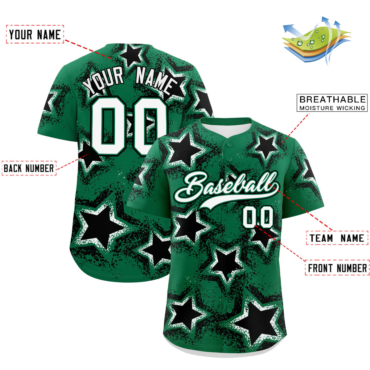 Custom Kelly Green White Black Star Graffiti Team Baseball Jerseys With Custom Names, Numbers &amp; Logos Stretch Fabric Baseball Jersey| KXKSHOP