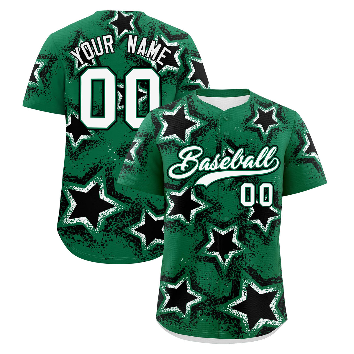 Custom Kelly Green White Black Star Graffiti Team Baseball Jerseys With Custom Names, Numbers &amp; Logos Stretch Fabric Baseball Jersey| KXKSHOP