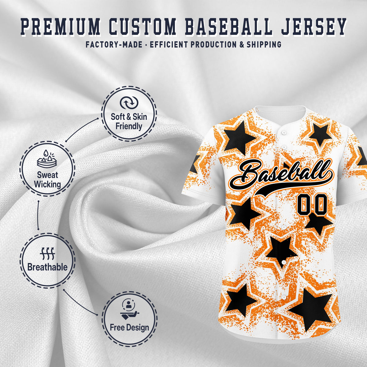 Custom White Orange Black Star Graffiti Team Baseball Jerseys With Custom Names, Numbers &amp; Logos Lightweight Baseball Jersey| KXKSHOP