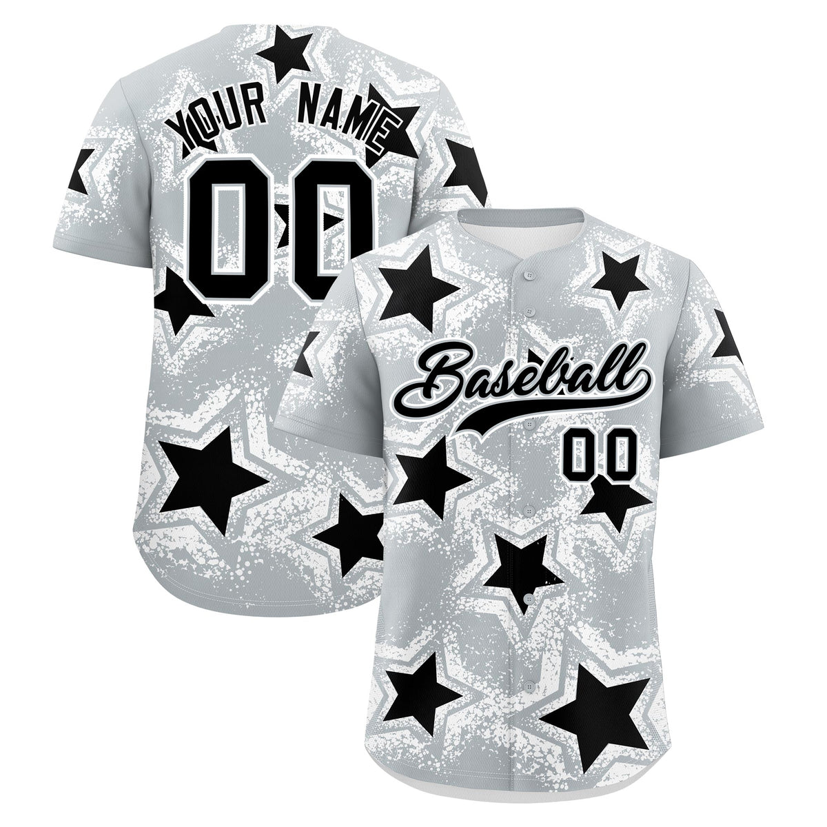 Custom Silver Black White Star Graffiti Team Baseball Jerseys With Custom Names, Numbers & Logos Stretch Fabric Baseball Jersey| KXKSHOP