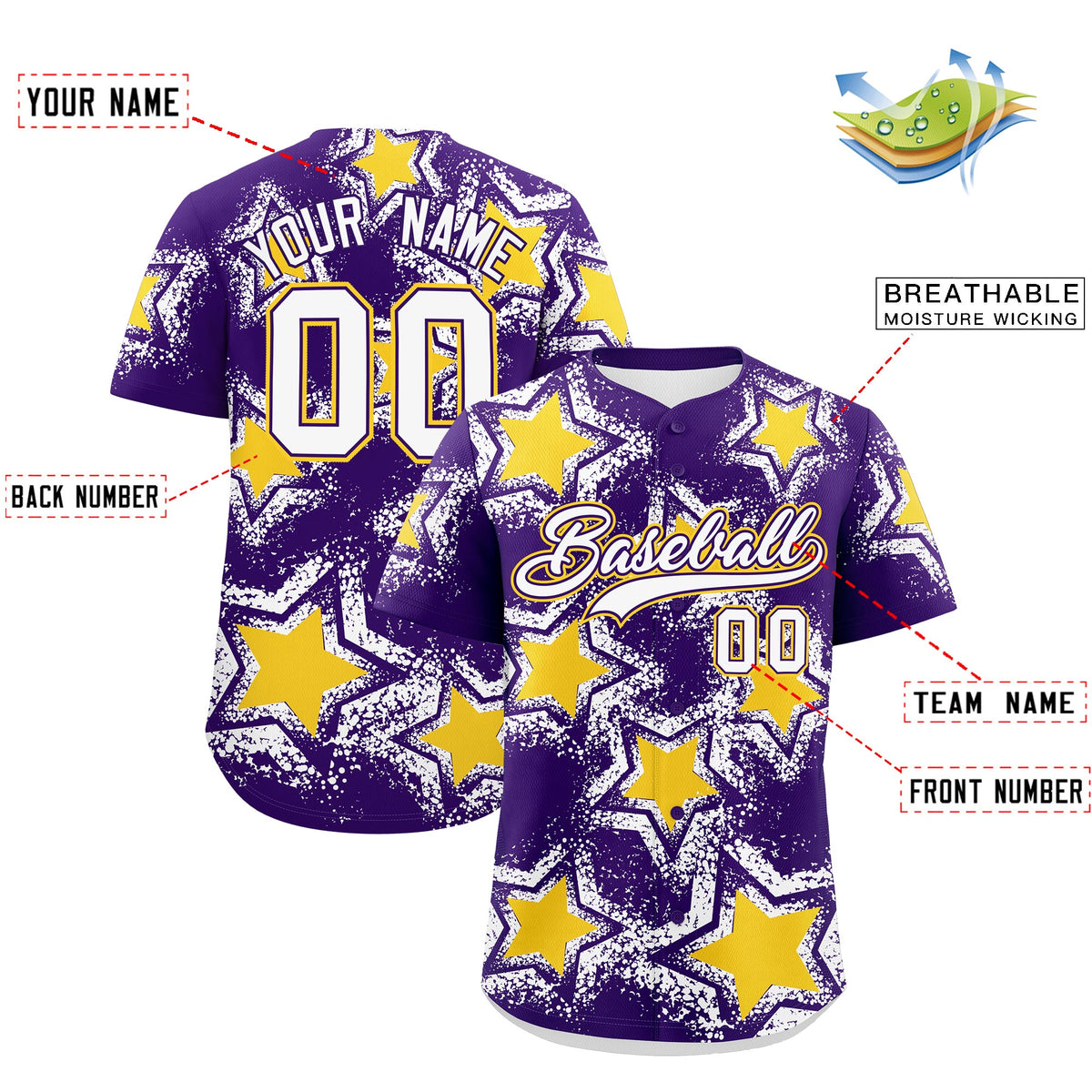Custom Purple White Gold Star Graffiti Team Baseball Jerseys With Custom Names, Numbers &amp; Logos Lightweight Baseball Jersey| KXKSHOP