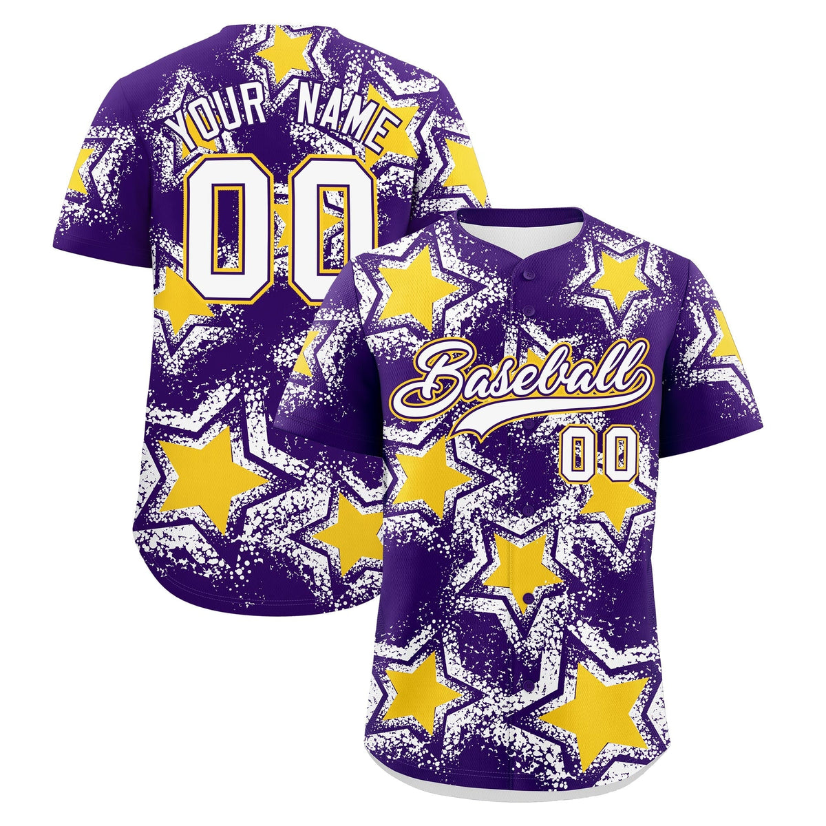 Custom Purple White Gold Star Graffiti Team Baseball Jerseys With Custom Names, Numbers & Logos Lightweight Baseball Jersey| KXKSHOP