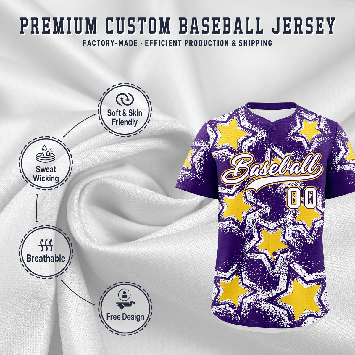 Custom Purple White Gold Star Graffiti Team Baseball Jerseys With Custom Names, Numbers & Logos Lightweight Baseball Jersey| KXKSHOP