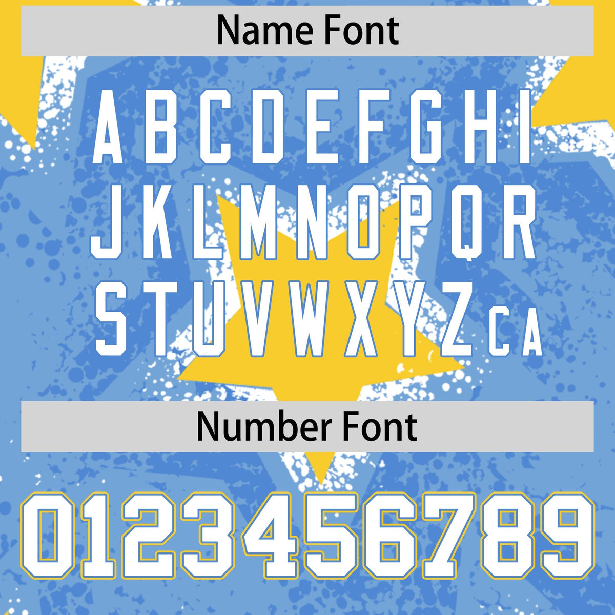 Custom Light Blue Gold White Star Graffiti Team Baseball Jerseys With Custom Names, Numbers &amp; Logos Stretch Fabric Baseball Jersey| KXKSHOP