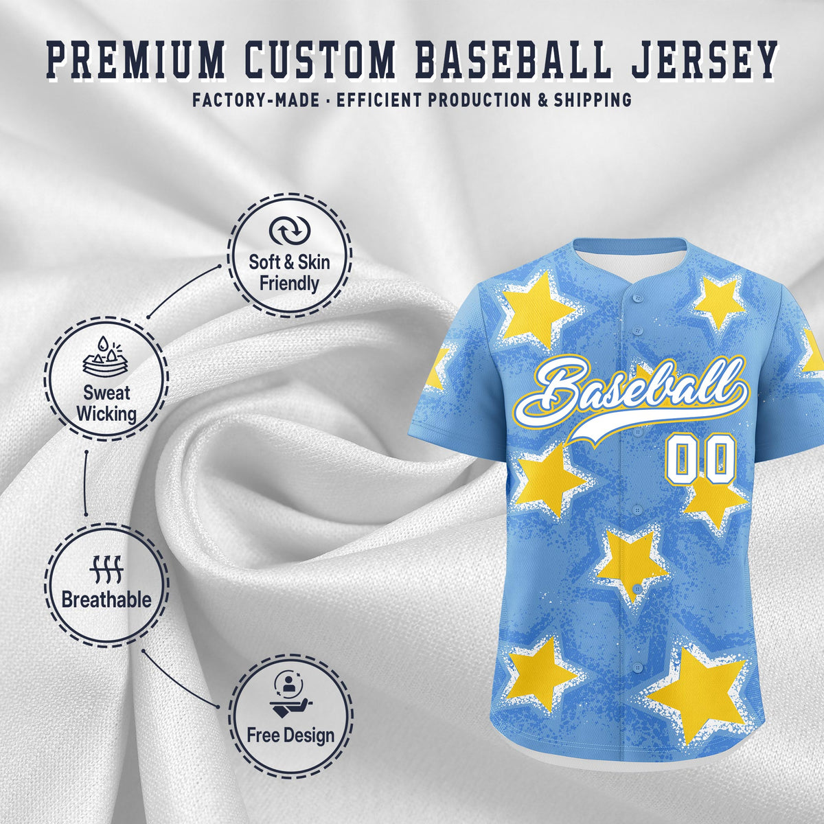 Custom Light Blue Gold White Star Graffiti Team Baseball Jerseys With Custom Names, Numbers &amp; Logos Stretch Fabric Baseball Jersey| KXKSHOP