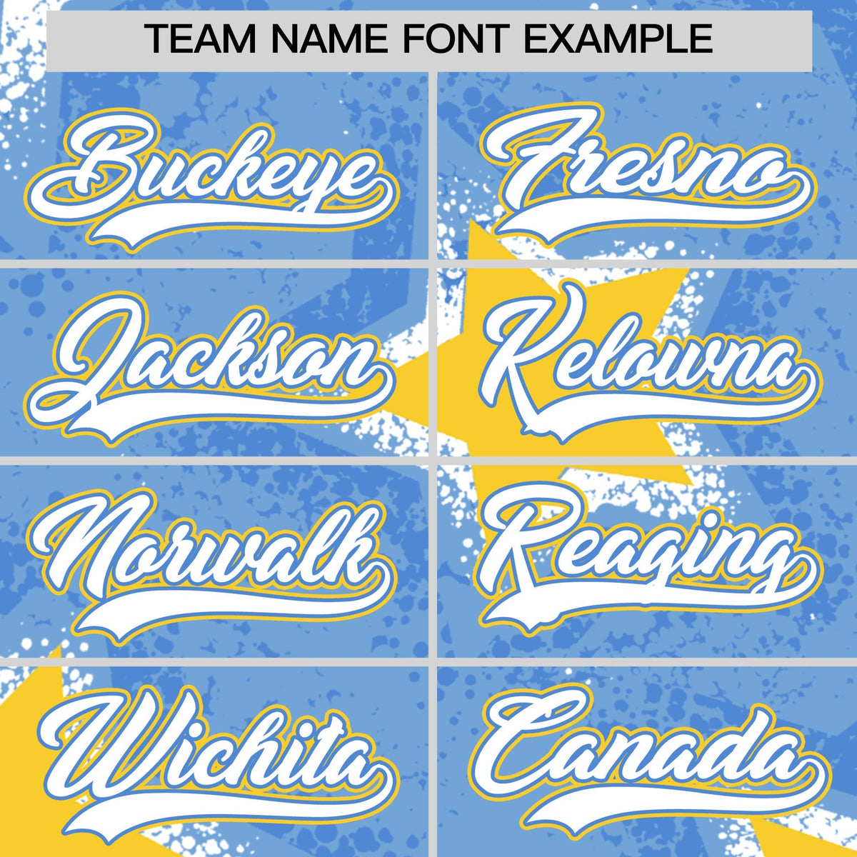 Custom Light Blue Gold White Star Graffiti Team Baseball Jerseys With Custom Names, Numbers & Logos Stretch Fabric Baseball Jersey| KXKSHOP