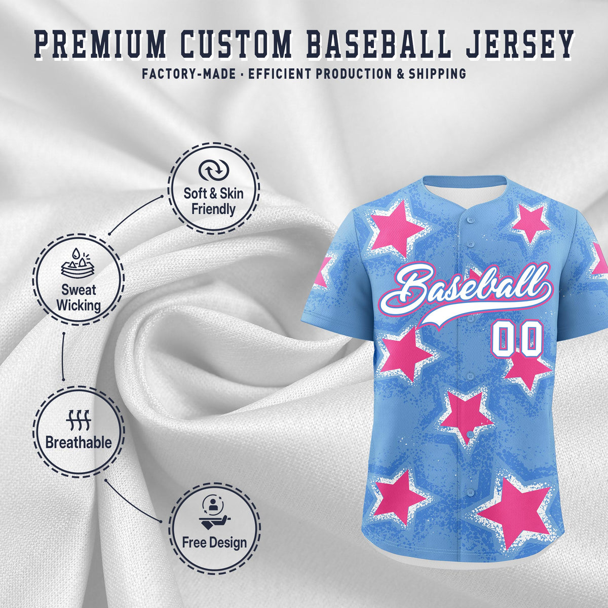 Custom Light Blue Powder Blue White Star Graffiti Team Baseball Jerseys With Custom Names, Numbers & Logos Lightweight Baseball Jersey| KXKSHOP