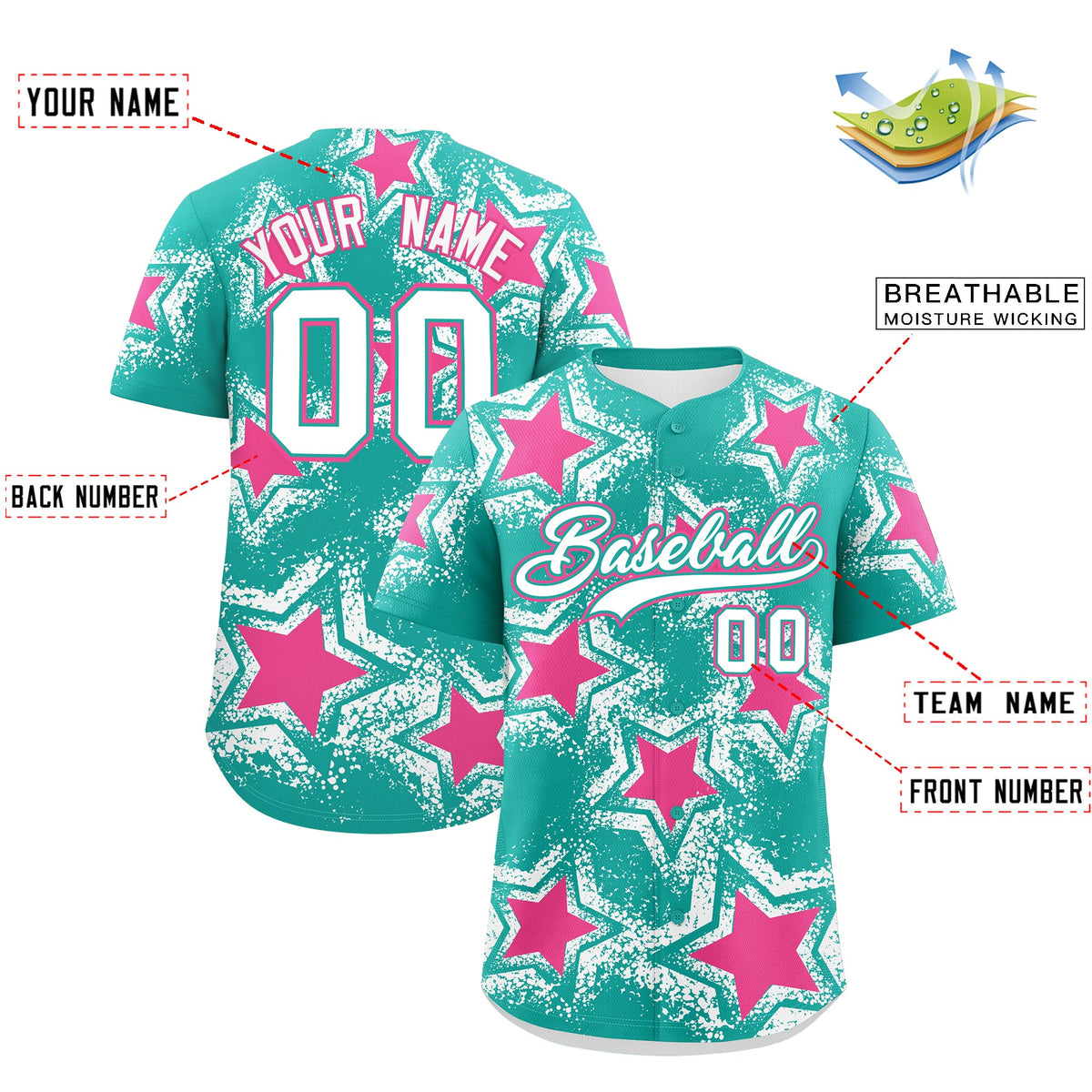 Custom Aqua White Pink Star Graffiti Team Baseball Jerseys With Custom Names, Numbers &amp; Logos Stretch Fabric Baseball Jersey| KXKSHOP