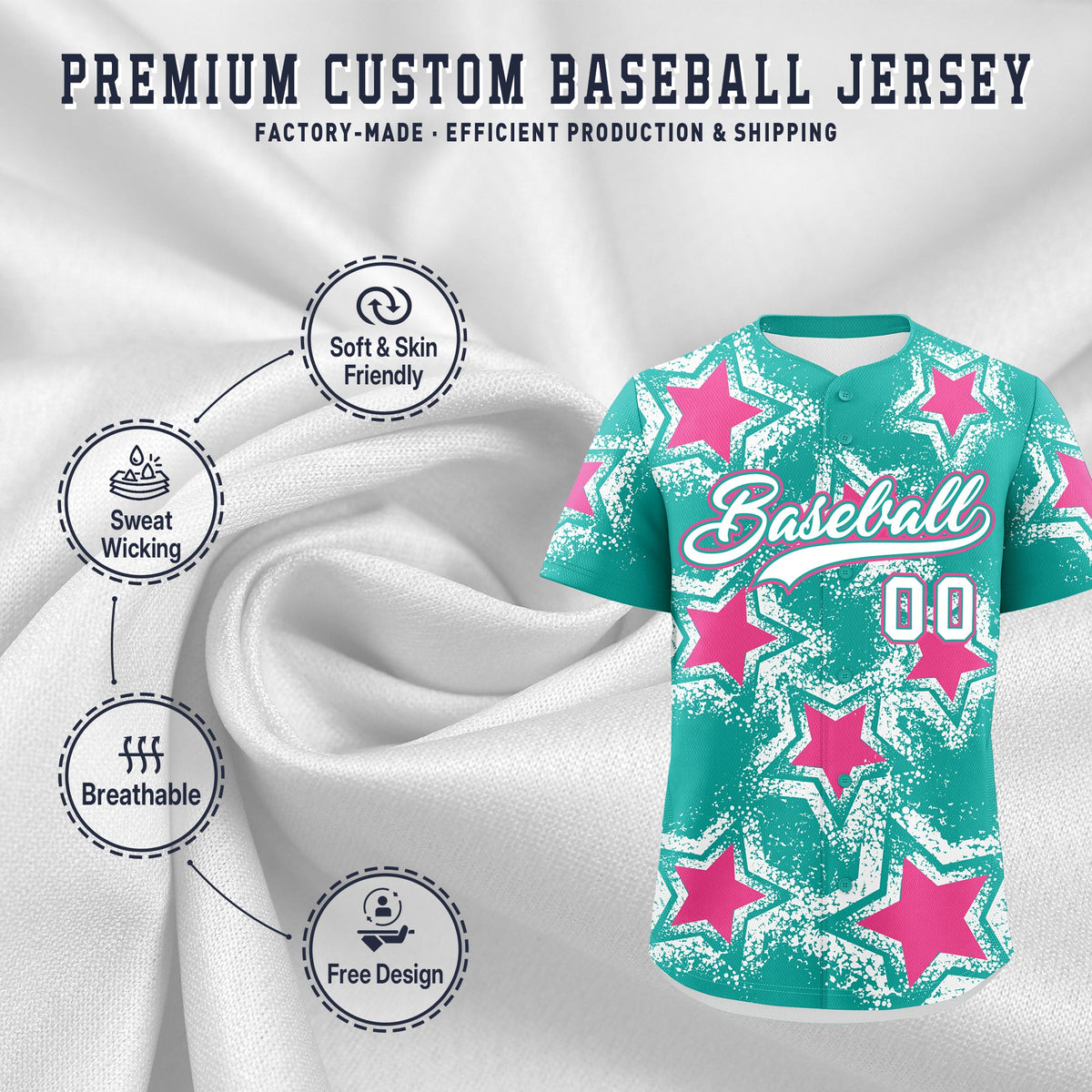 Custom Aqua White Pink Star Graffiti Team Baseball Jerseys With Custom Names, Numbers &amp; Logos Stretch Fabric Baseball Jersey| KXKSHOP