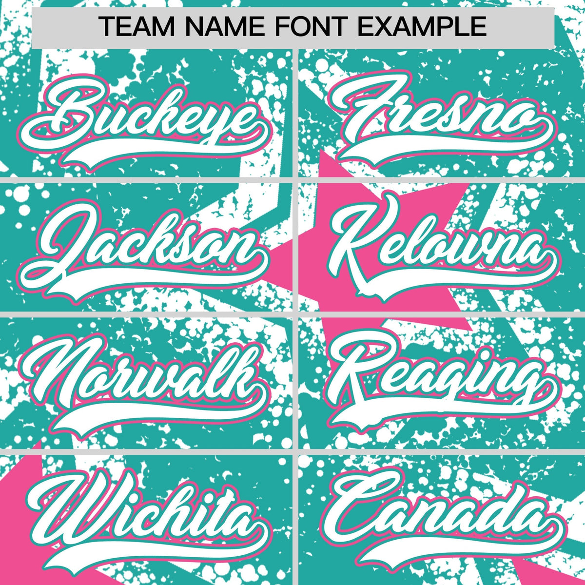 Custom Aqua White Pink Star Graffiti Team Baseball Jerseys With Custom Names, Numbers &amp; Logos Stretch Fabric Baseball Jersey| KXKSHOP