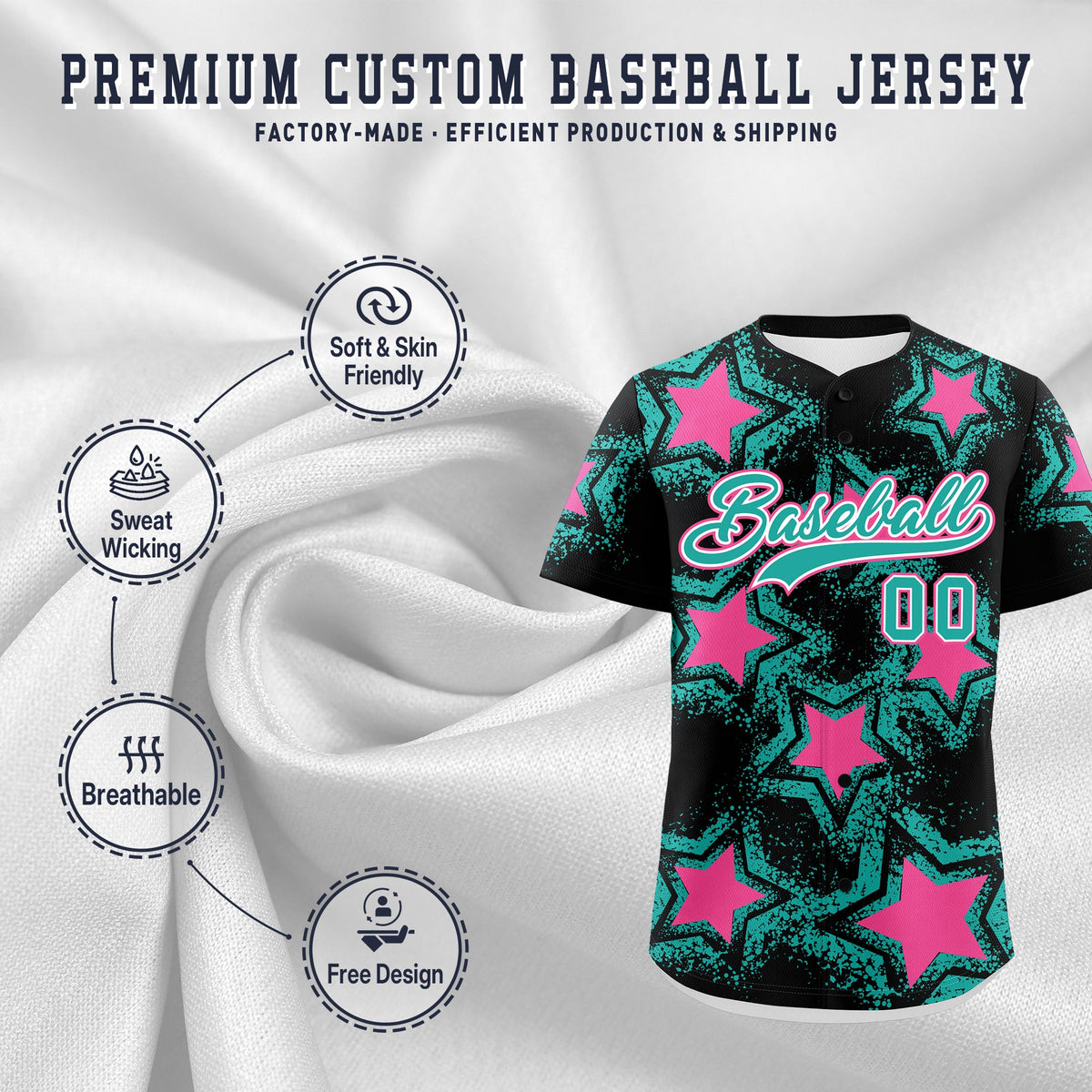 Custom Black Aqua Pink Star Graffiti Team Baseball Jerseys With Custom Names, Numbers &amp; Logos Lightweight Baseball Jersey| KXKSHOP