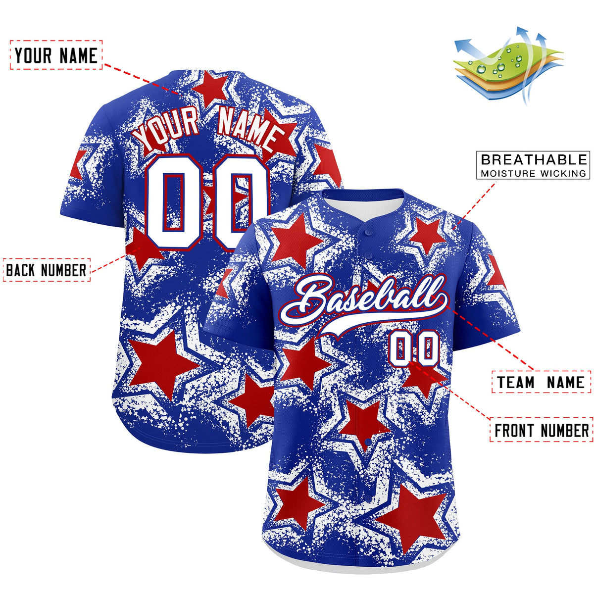 Custom Royal Blue White Red Star Graffiti Team Baseball Jerseys With Custom Names, Numbers &amp; Logos Stretch Fabric Baseball Jersey| KXKSHOP