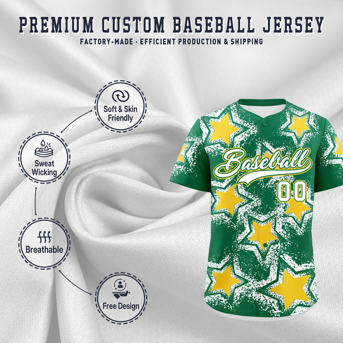 Custom Kelly Green White Gold Star Graffiti Team Baseball Jerseys With Custom Names, Numbers &amp; Logos Stretch Fabric Baseball Jersey| KXKSHOP