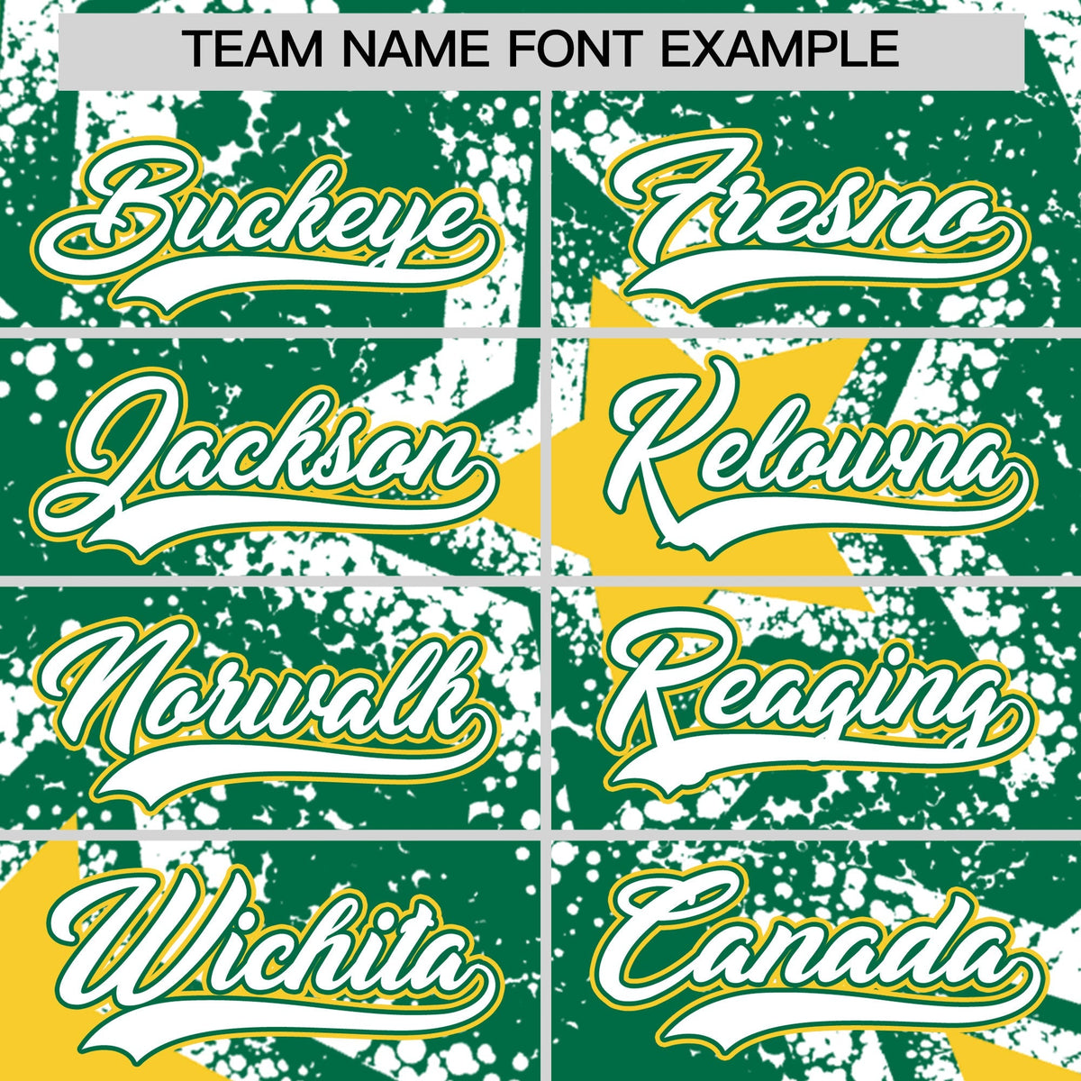 Custom Kelly Green White Gold Star Graffiti Team Baseball Jerseys With Custom Names, Numbers & Logos Stretch Fabric Baseball Jersey| KXKSHOP