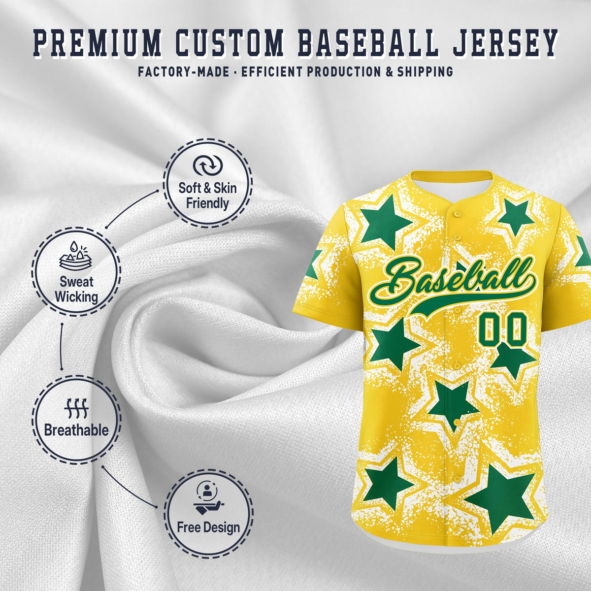 Custom Gold White Kelly Green Star Graffiti Team Baseball Jerseys With Custom Names, Numbers &amp; Logos Lightweight Baseball Jersey| KXKSHOP