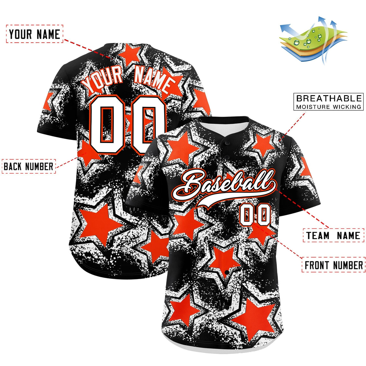 Custom Black White Orange Star Graffiti Team Baseball Jerseys With Custom Names, Numbers &amp; Logos Lightweight Baseball Jersey| KXKSHOP