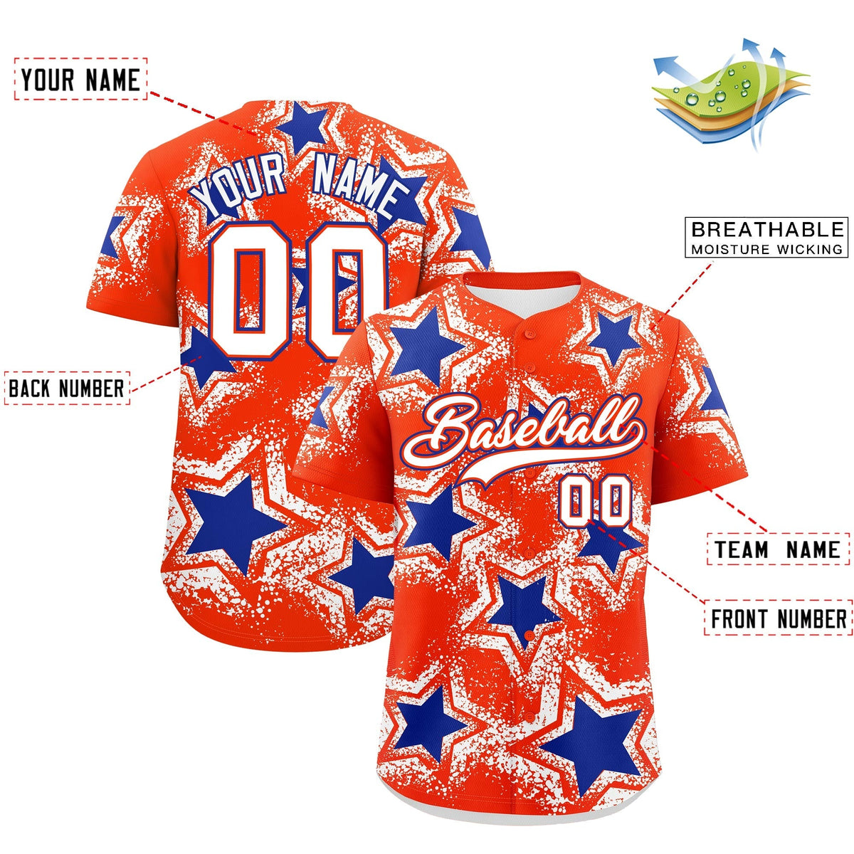Custom Orange White Royal Blue Star Graffiti Team Baseball Jerseys With Custom Names, Numbers & Logos Lightweight Baseball Jersey| KXKSHOP