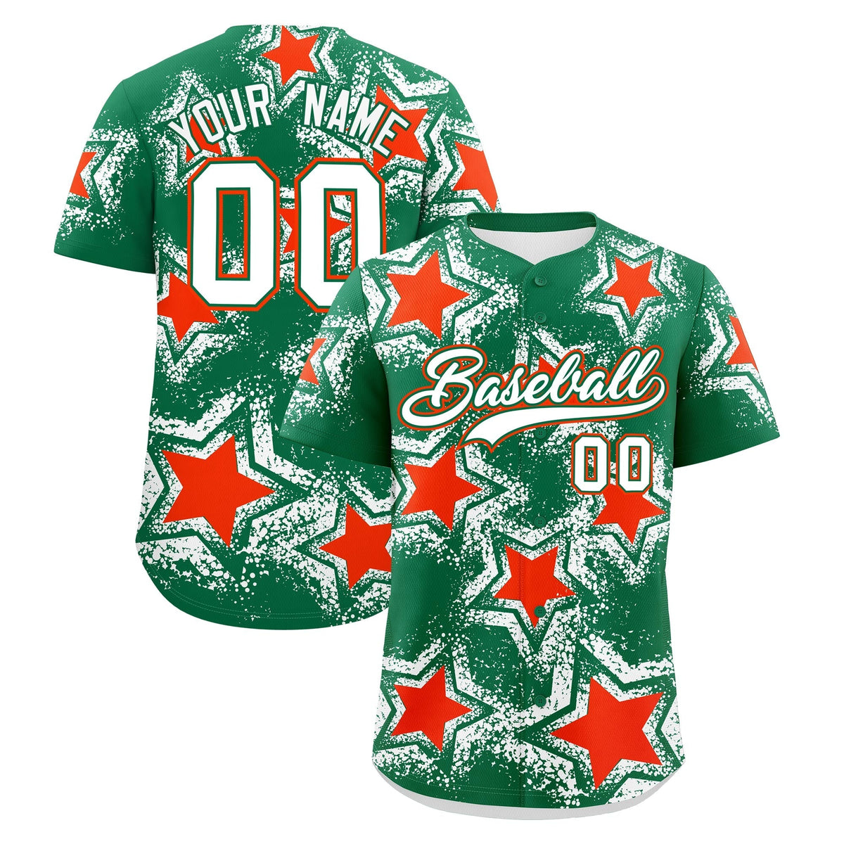 Custom Kelly Green White Orange Star Graffiti Team Baseball Jerseys With Custom Names, Numbers & Logos Stretch Fabric Baseball Jersey| KXKSHOP