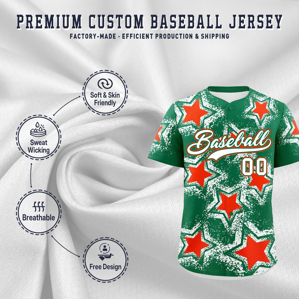 Custom Kelly Green White Orange Star Graffiti Team Baseball Jerseys With Custom Names, Numbers & Logos Stretch Fabric Baseball Jersey| KXKSHOP