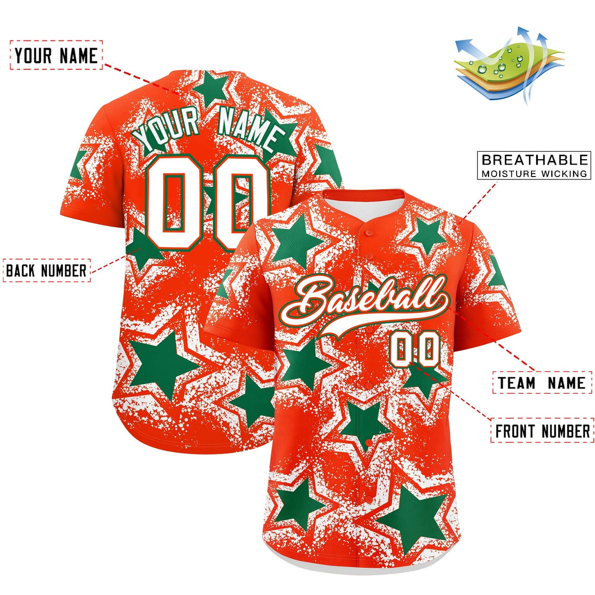 Custom Orange White Kelly Green Star Graffiti Team Baseball Jerseys With Custom Names, Numbers & Logos Lightweight Baseball Jersey| KXKSHOP