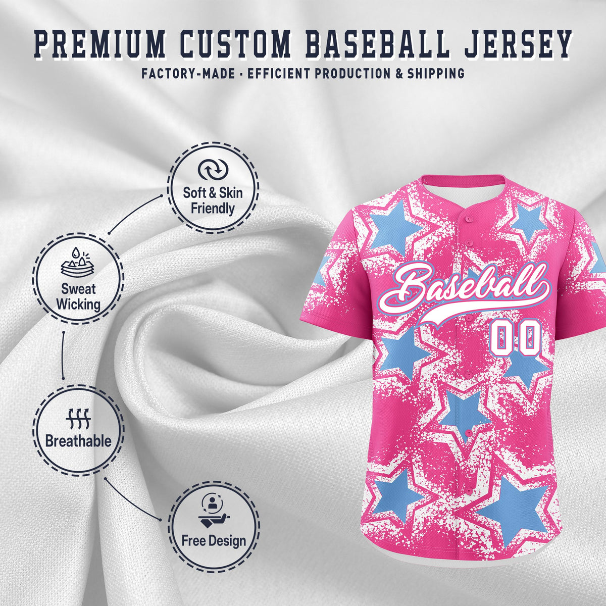 Custom Pink White Light Blue Star Graffiti Team Baseball Jerseys With Custom Names, Numbers &amp; Logos Lightweight Baseball Jersey| KXKSHOP