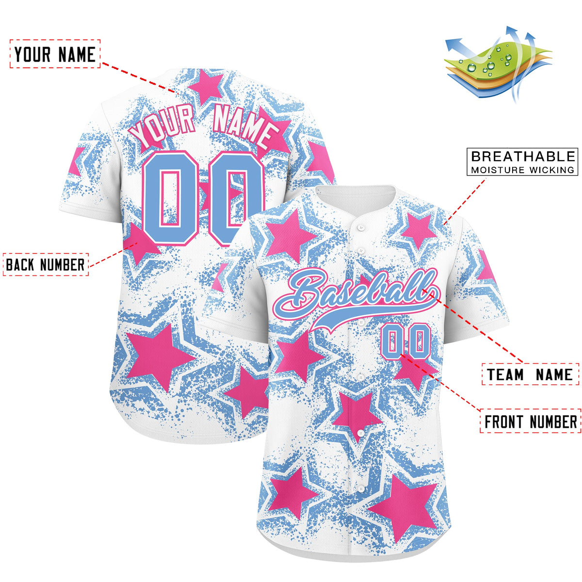 Custom White Light Blue Pink Star Graffiti Team Baseball Jerseys With Custom Names, Numbers &amp; Logos Stretch Fabric Baseball Jersey| KXKSHOP
