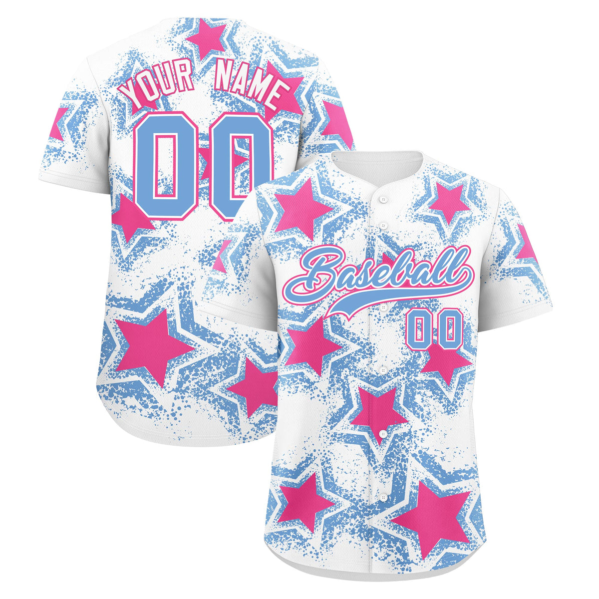 Custom White Light Blue Pink Star Graffiti Team Baseball Jerseys With Custom Names, Numbers &amp; Logos Stretch Fabric Baseball Jersey| KXKSHOP