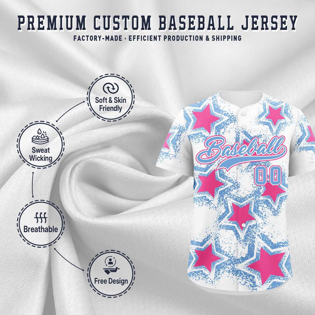 Custom White Light Blue Pink Star Graffiti Team Baseball Jerseys With Custom Names, Numbers & Logos Stretch Fabric Baseball Jersey| KXKSHOP