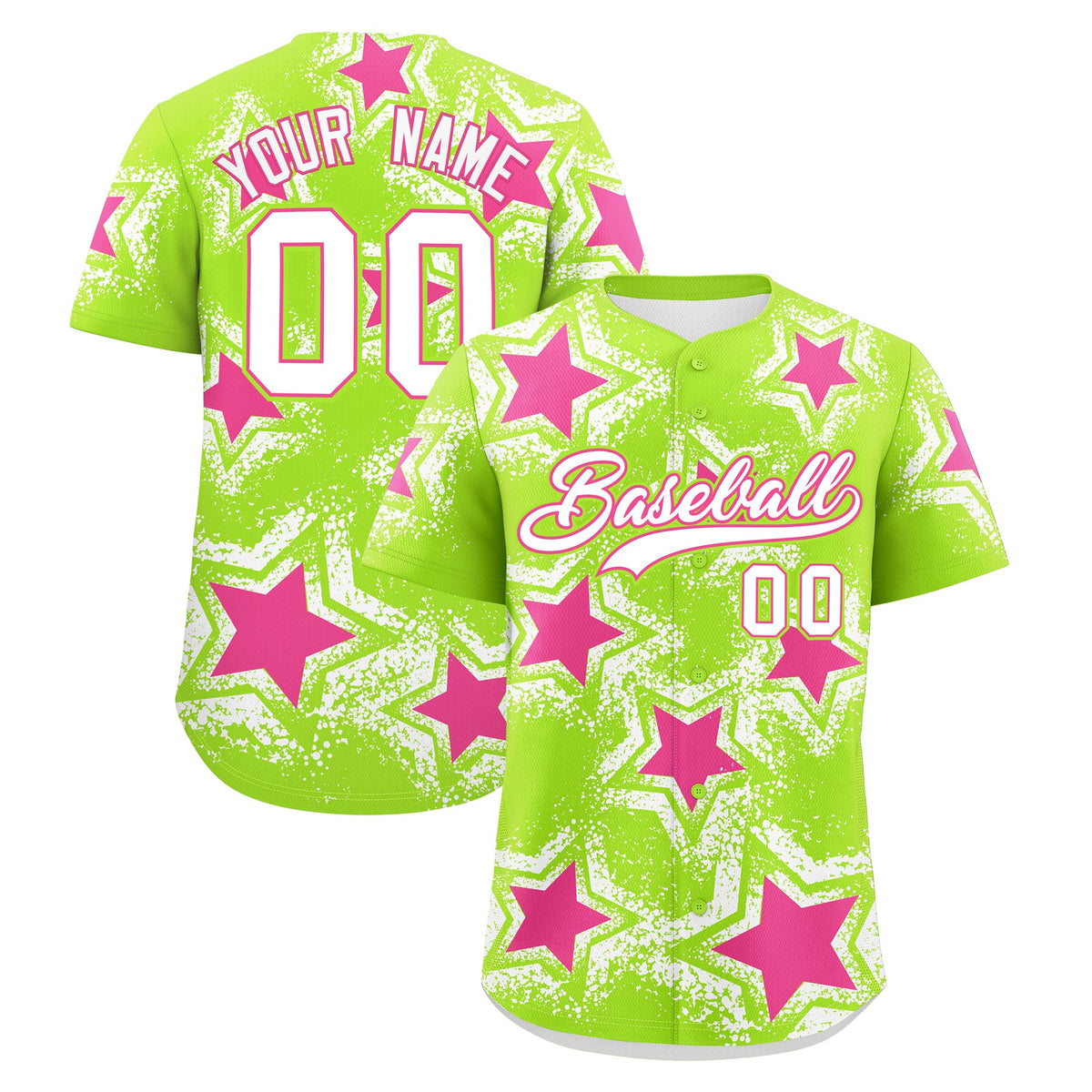 Custom Neon Green White Pink Star Graffiti Team Baseball Jerseys With Custom Names, Numbers & Logos Stretch Fabric Baseball Jersey| KXKSHOP
