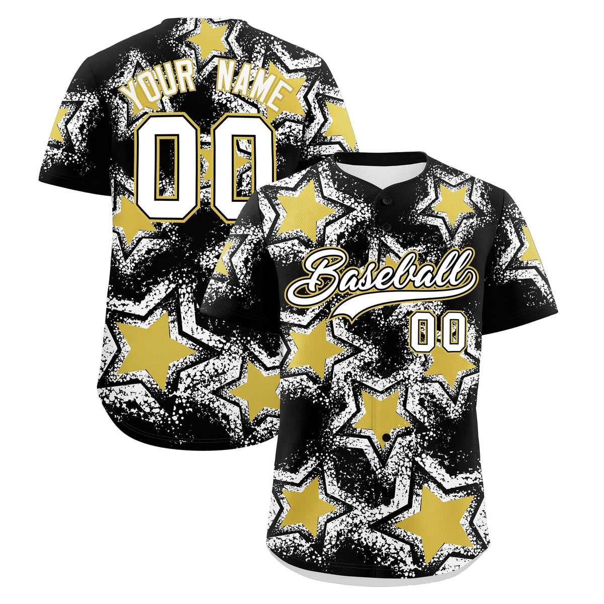 Custom Black White Old Gold Star Graffiti Team Baseball Jerseys With Custom Names, Numbers & Logos Lightweight Baseball Jersey| KXKSHOP