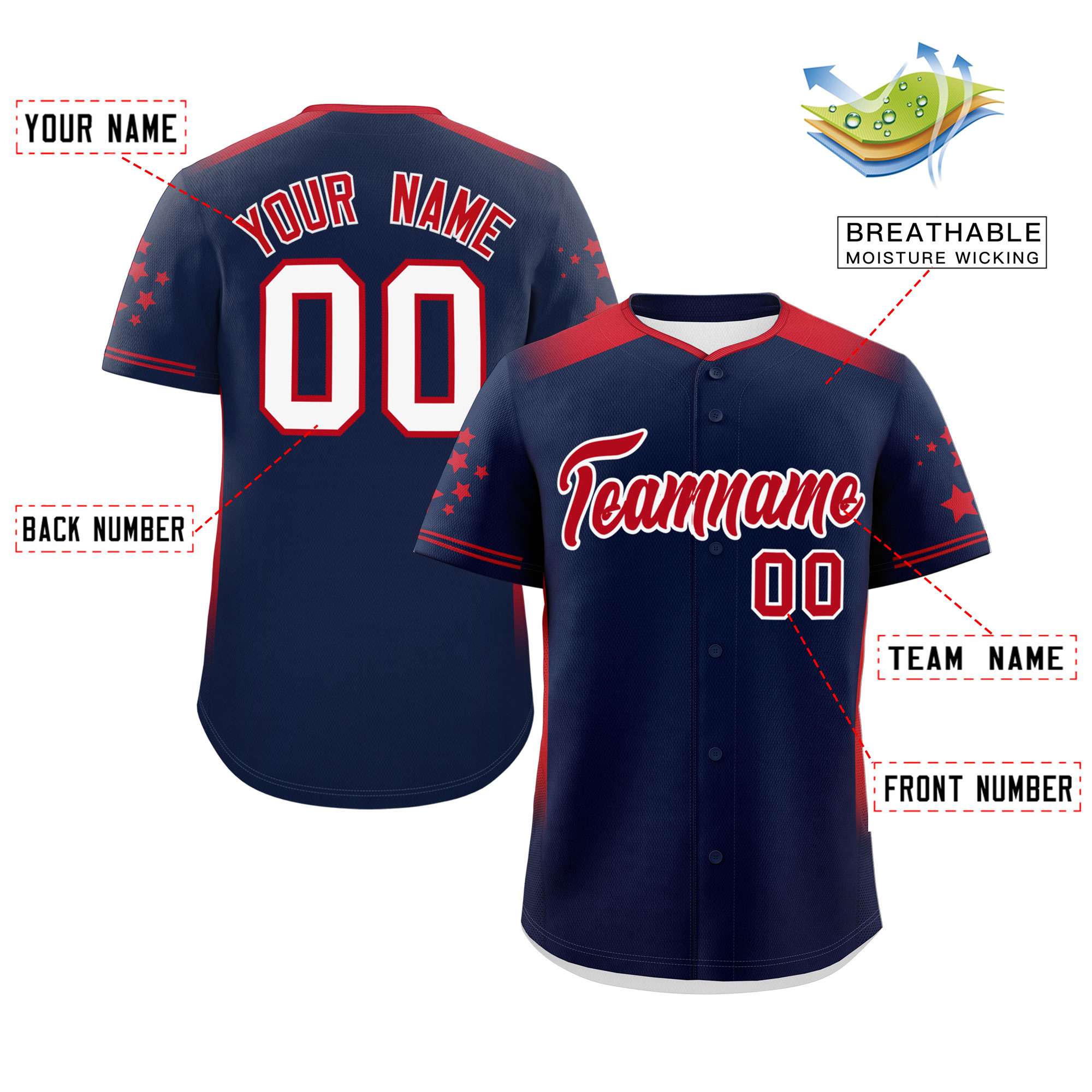 Custom Navy Red Gradient Side Personalized Star Pattern Authentic Baseball Jersey