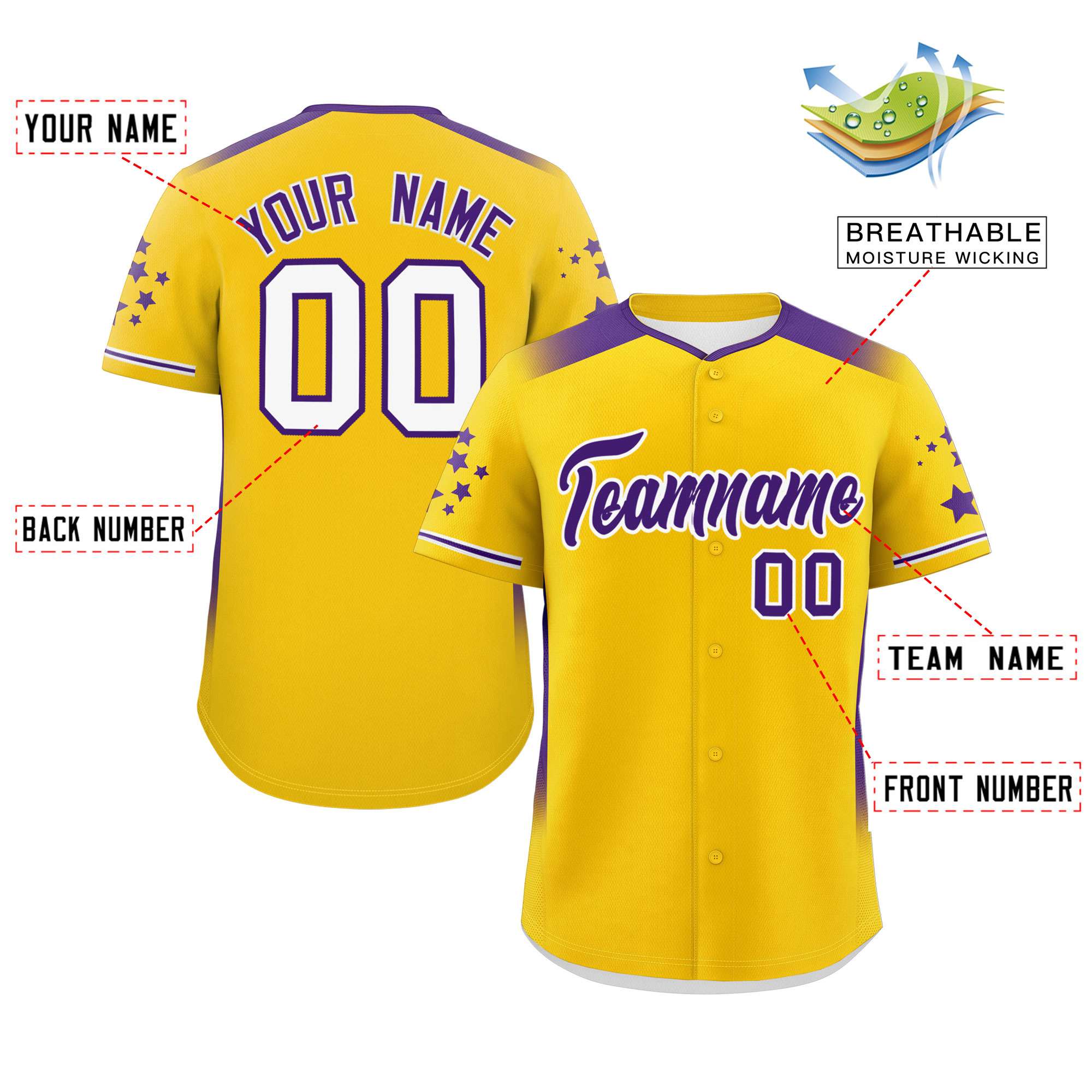 Custom Gold Purple Gradient Side Personalized Star Pattern Authentic Baseball Jersey