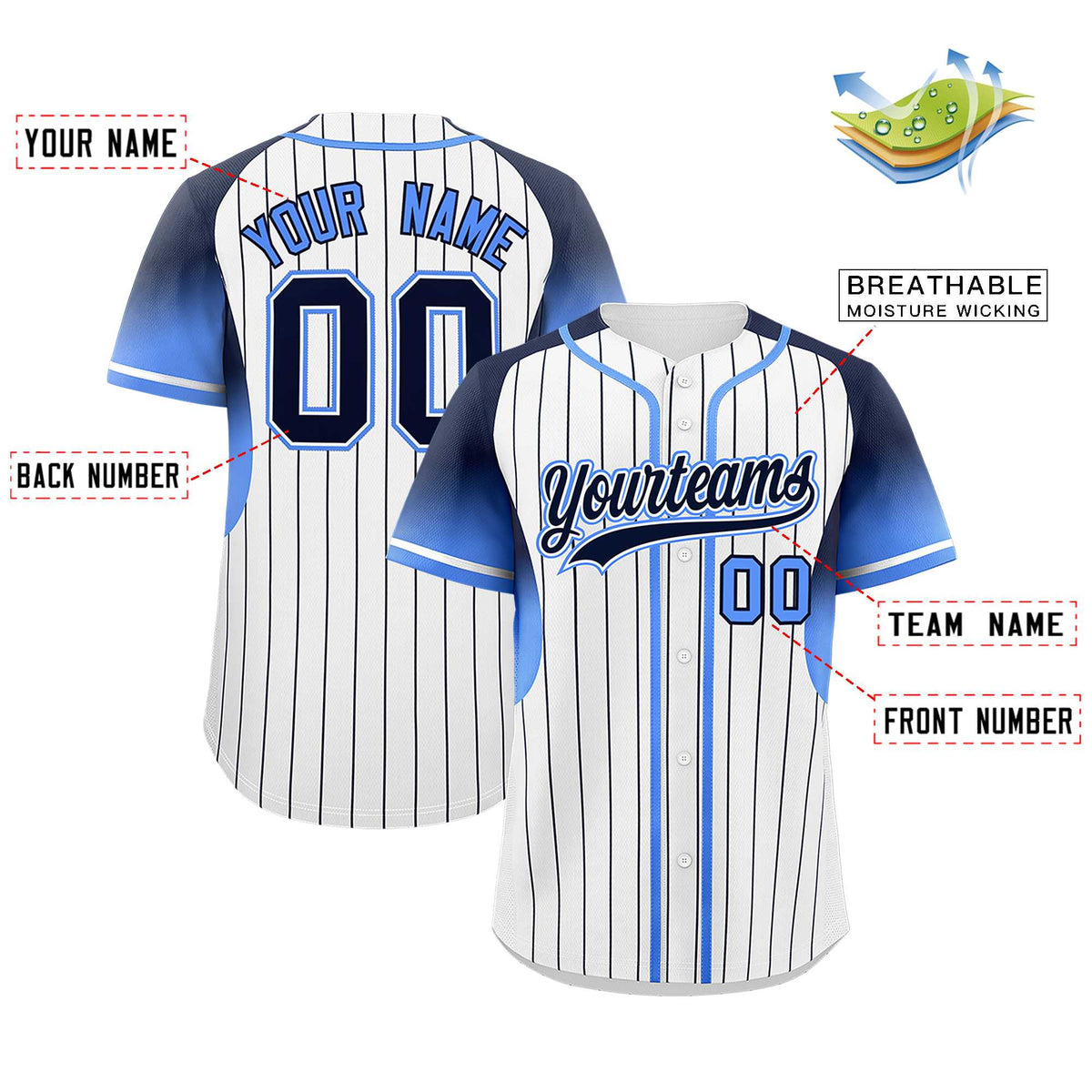 Custom White Navy Stripe Fashion Sleeves Gradient Authentic Baseball Jersey