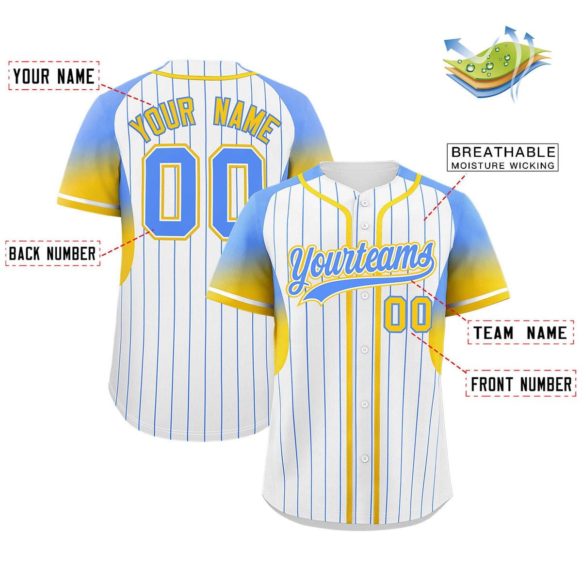 Custom White Powder Blue Stripe Fashion Sleeves Gradient Authentic Baseball Jersey