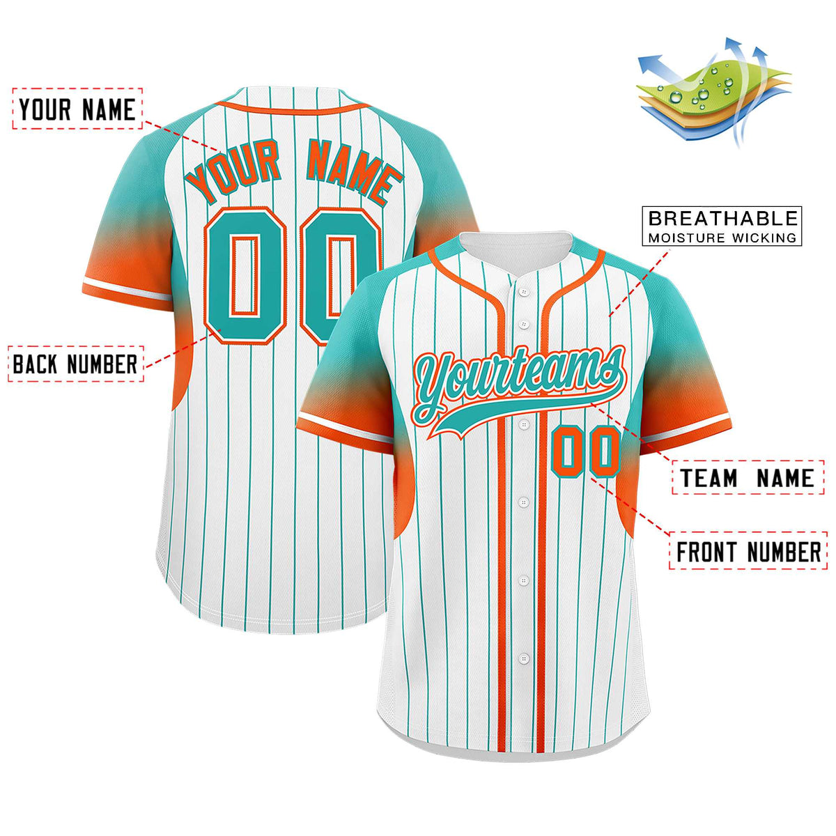 Custom White Aqua Stripe Fashion Sleeves Gradient Authentic Baseball Jersey