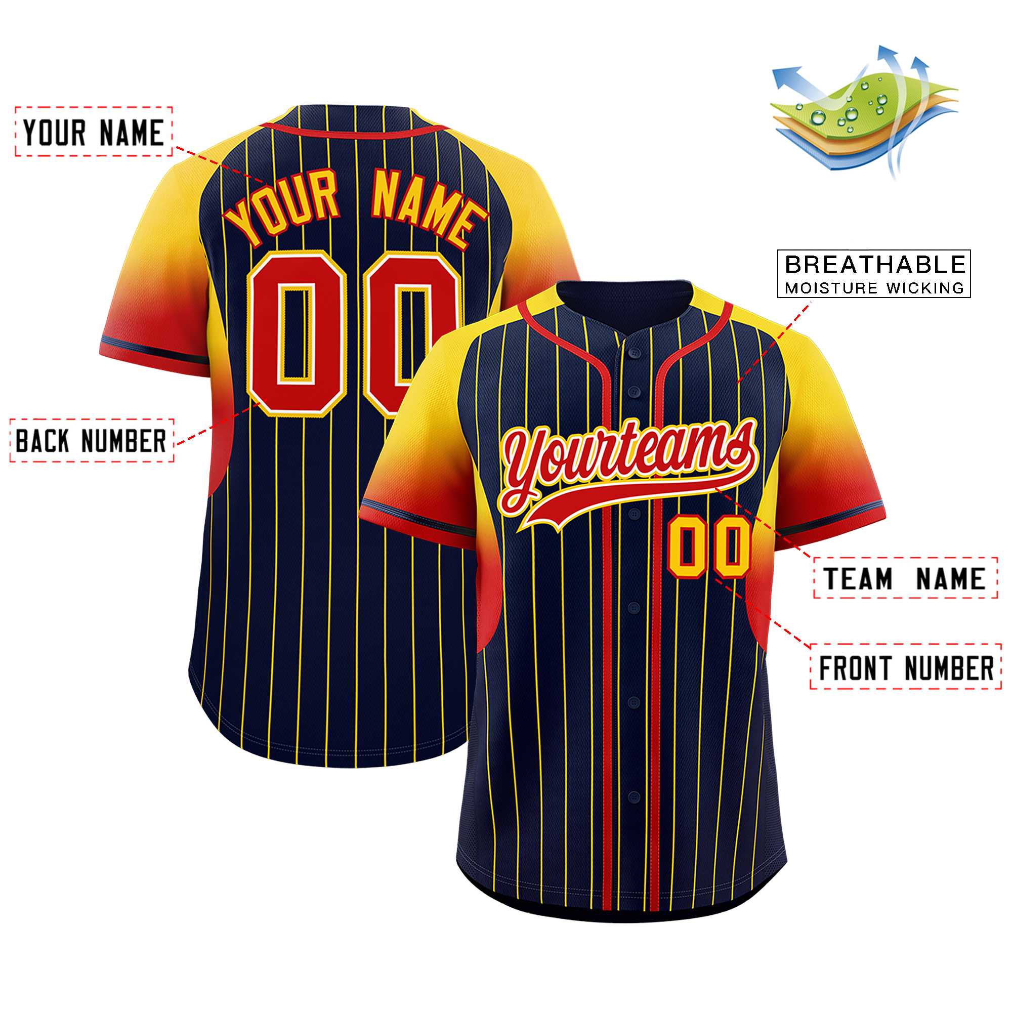 Custom Navy Gold Stripe Fashion Sleeves Gradient Authentic Baseball Jersey