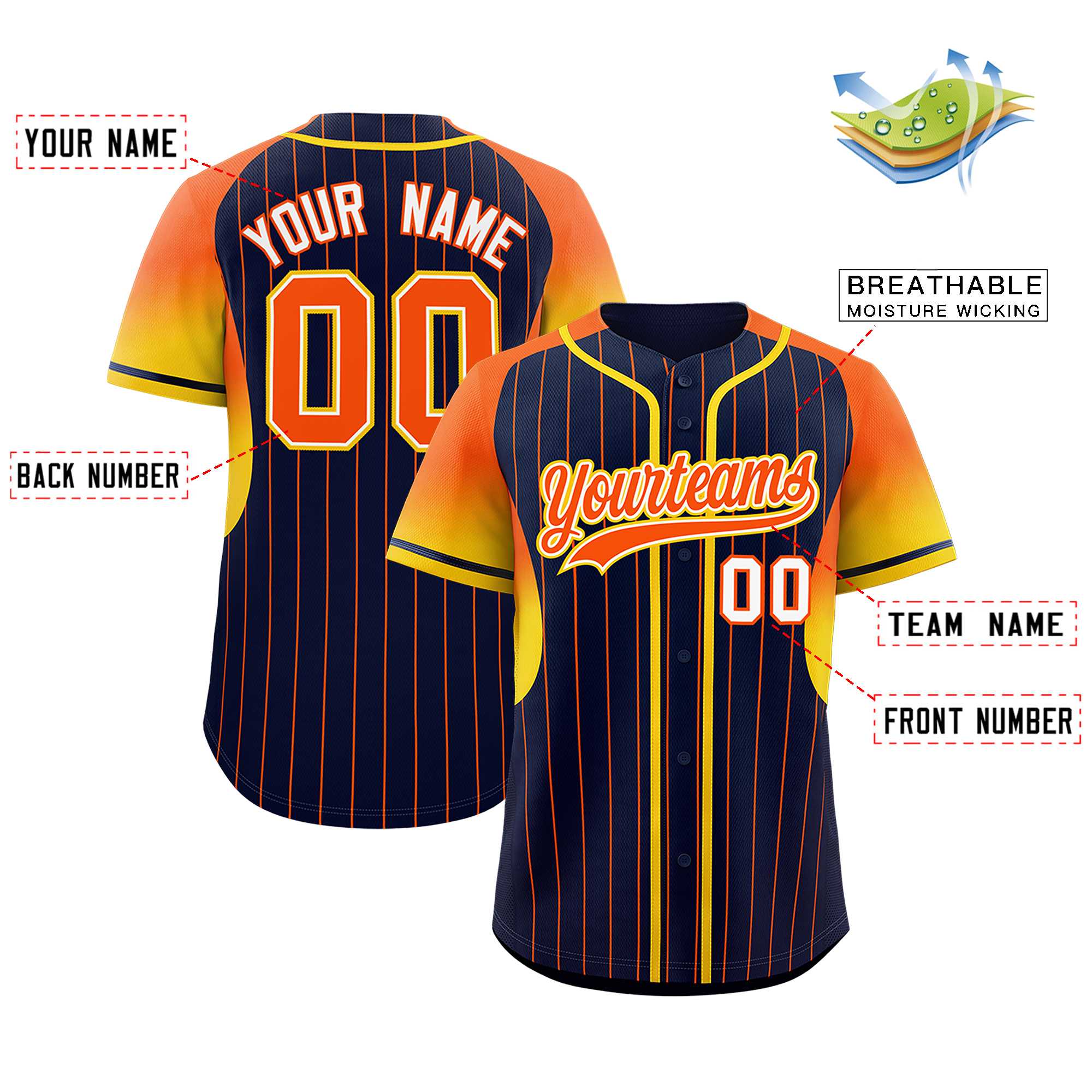 Custom Navy Orange Stripe Fashion Sleeves Gradient Authentic Baseball Jersey