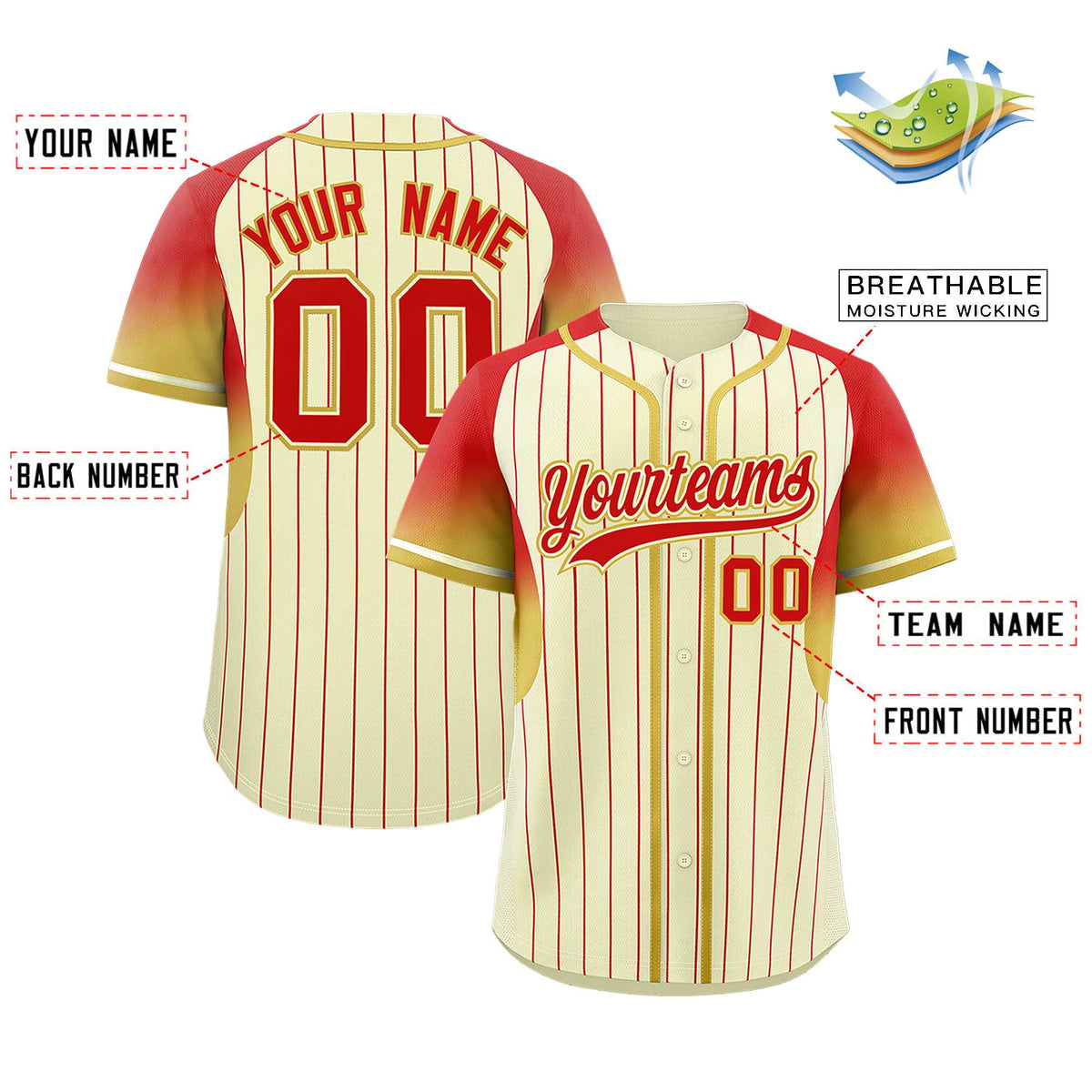 Custom Cream Red Stripe Fashion Sleeves Gradient Authentic Baseball Jersey