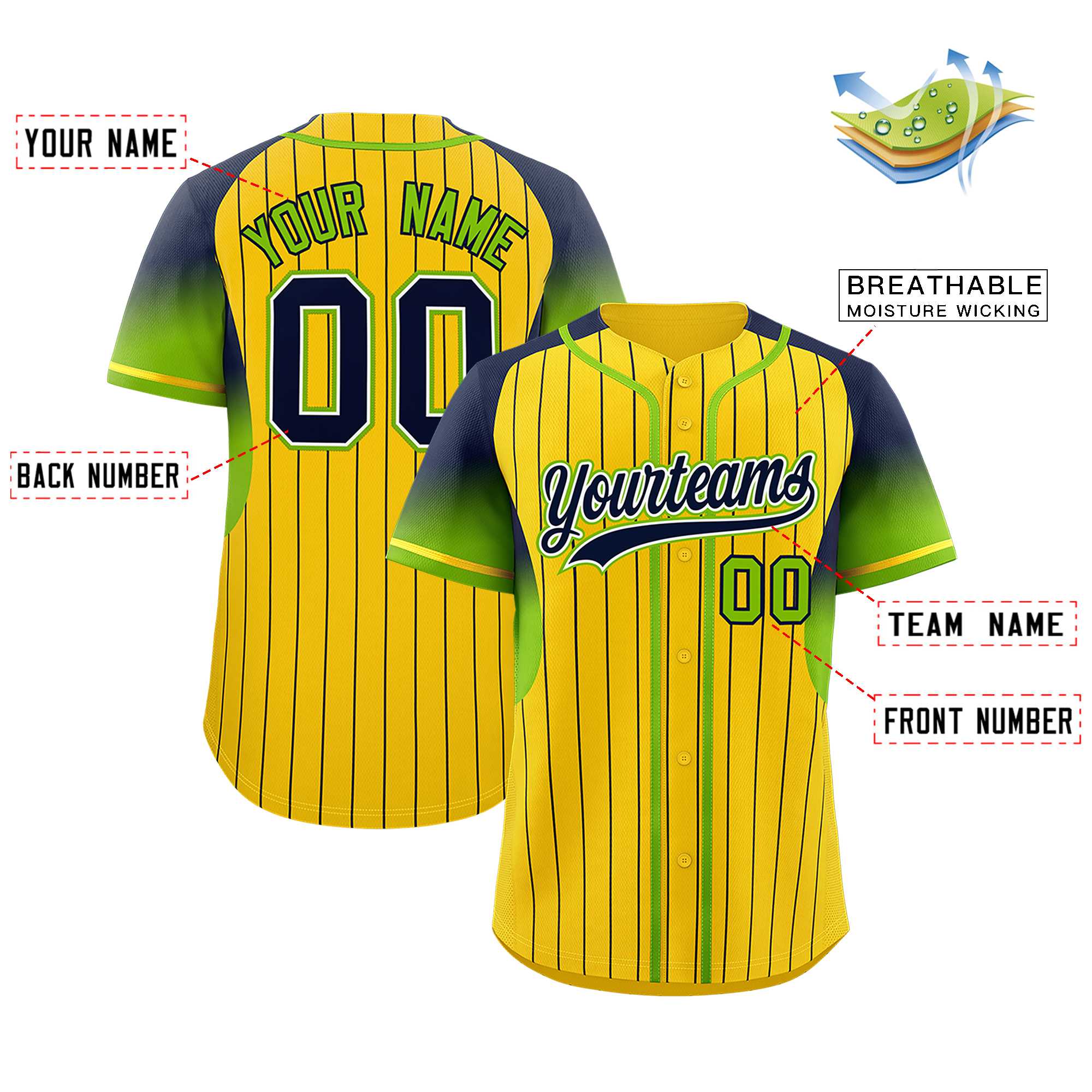 Custom Gold Navy Stripe Fashion Sleeves Gradient Authentic Baseball Jersey