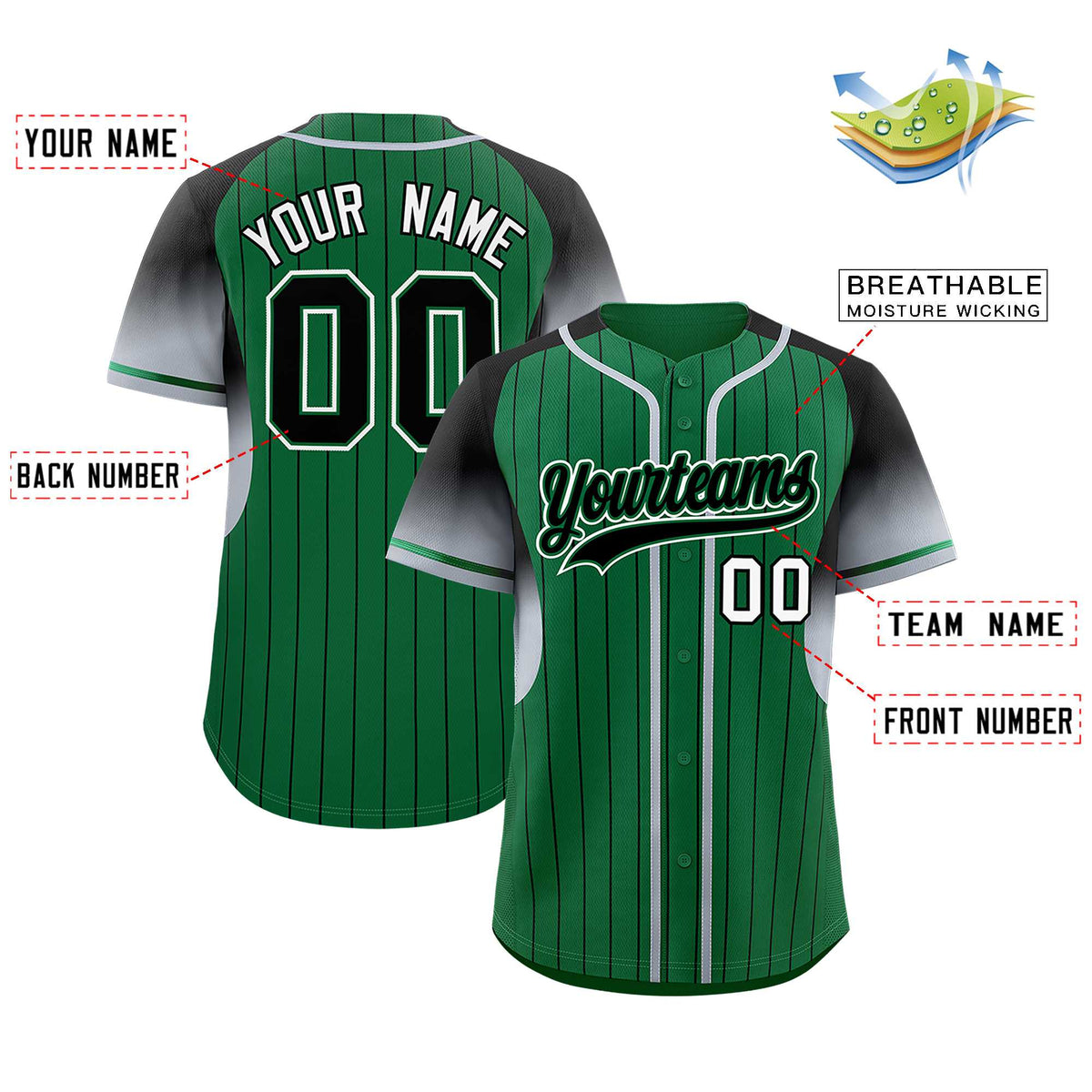 Custom Kelly Green Black Stripe Fashion Sleeves Gradient Authentic Baseball Jersey