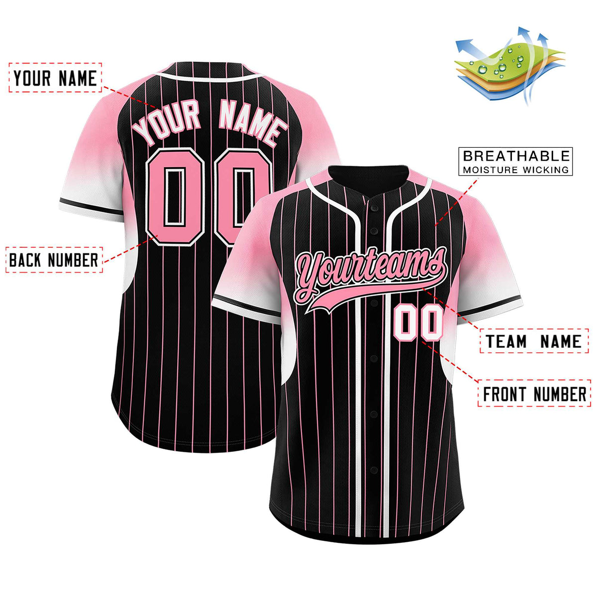 Custom Black Light Pink Stripe Fashion Sleeves Gradient Authentic Baseball Jersey