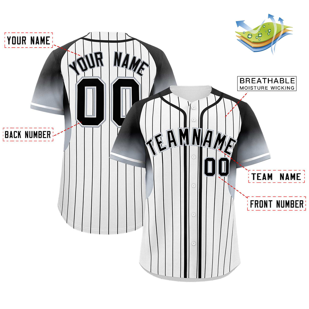 Custom White Black Stripe Fashion Sleeves Gradient Authentic Baseball Jersey