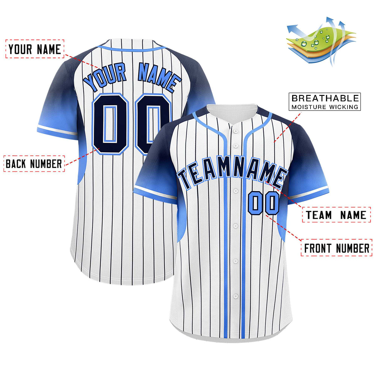 Custom White Navy Stripe Fashion Sleeves Gradient Authentic Baseball Jersey
