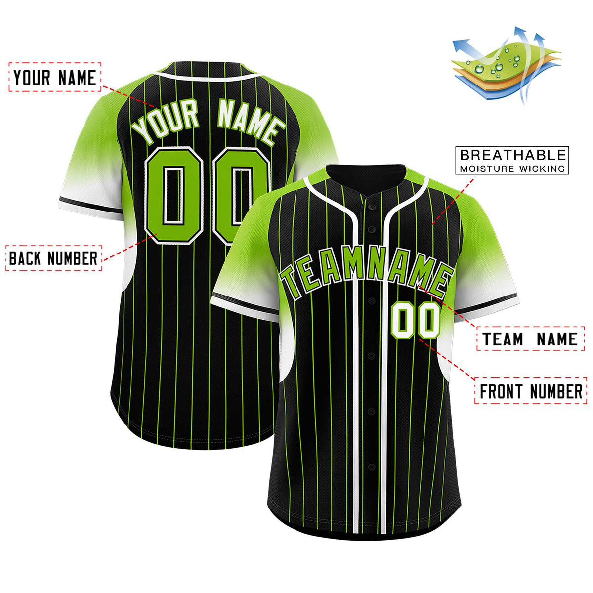 Custom Black Neon Green Stripe Fashion Sleeves Gradient Authentic Baseball Jersey