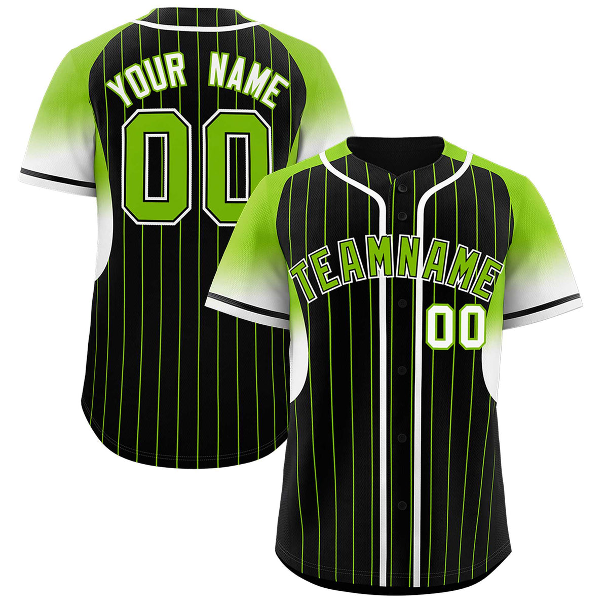 Custom Black Neon Green Stripe Fashion Sleeves Gradient Authentic Baseball Jersey