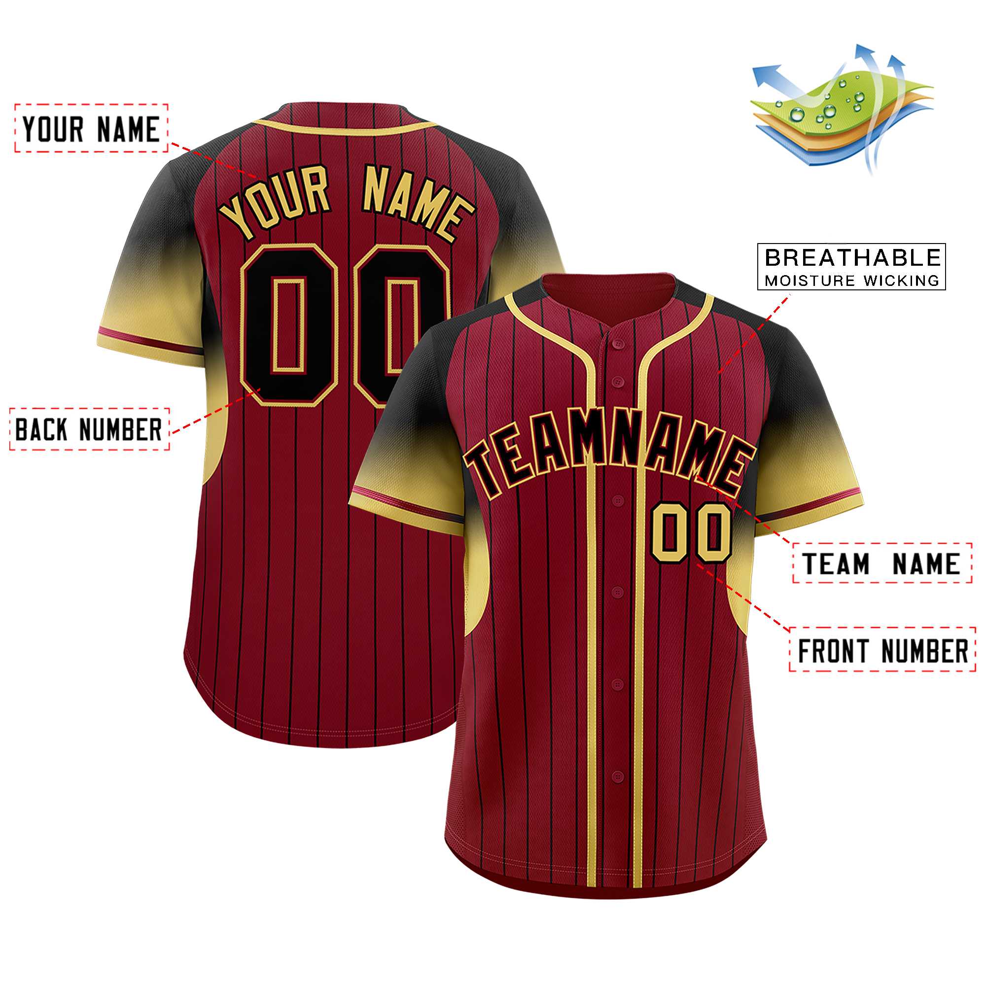 Custom Crimson Black Stripe Fashion Sleeves Gradient Authentic Baseball Jersey