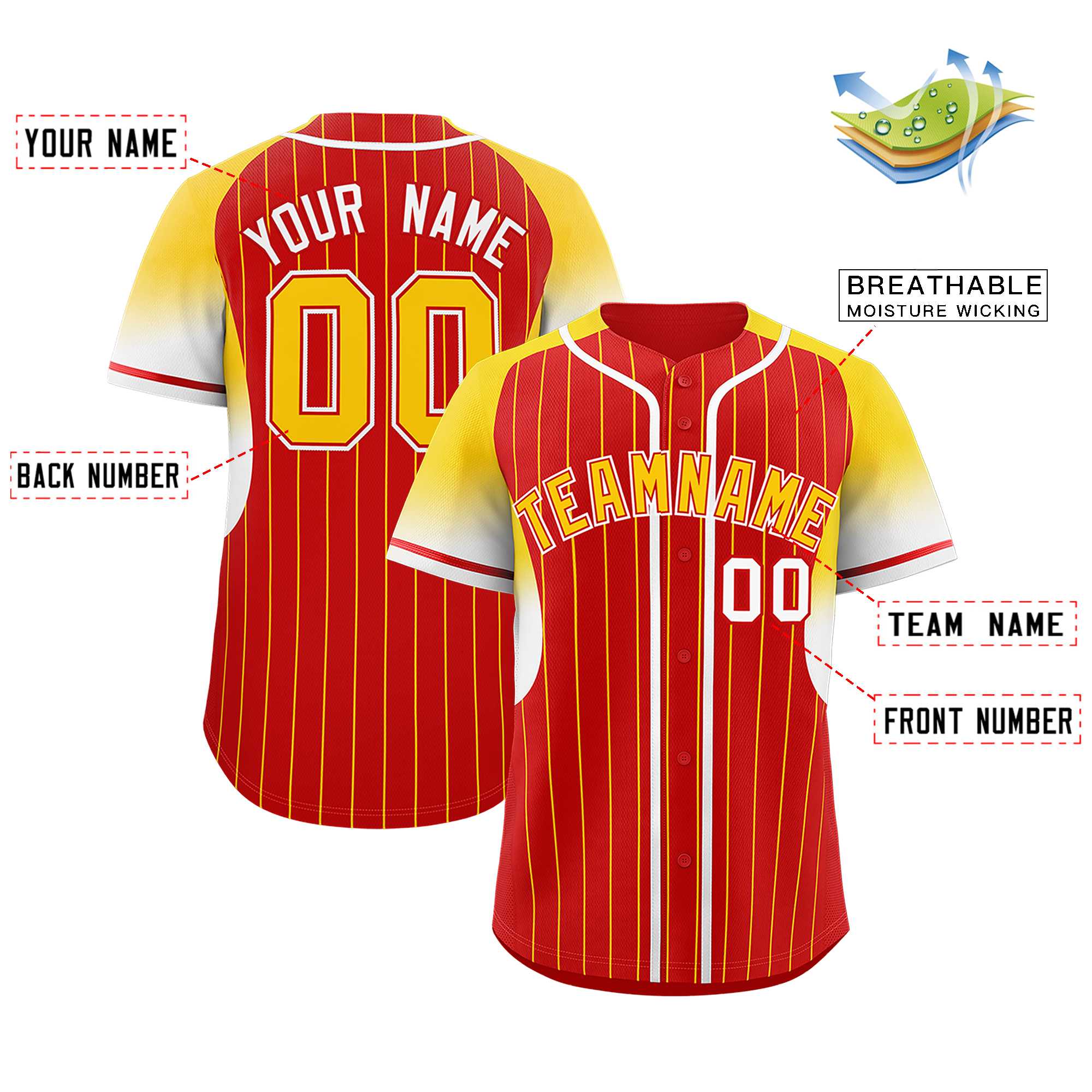 Custom Red Gold Stripe Fashion Sleeves Gradient Authentic Baseball Jersey
